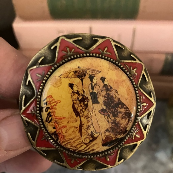 Vintage Antique? Brass Porcelain Asian Cuff Bracelet Floral etching Geisha Boho - Picture 2 of 10